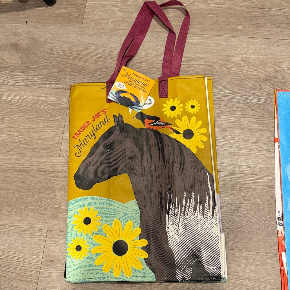 Trader Joe's Maryland Horse and boots and crab on the back side Mustard & Maroon